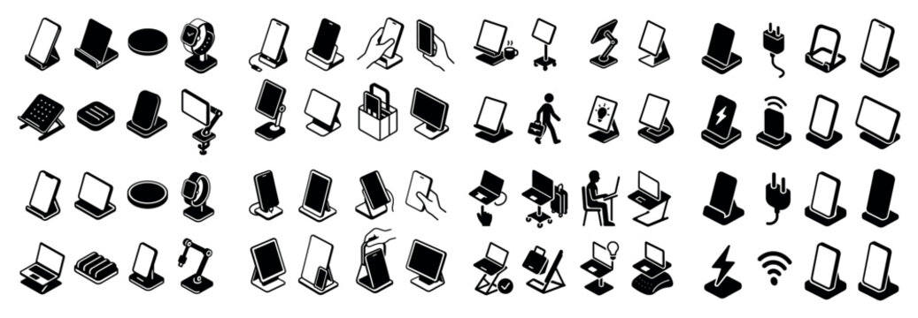 Mobile stand icons with phone dock charger outline