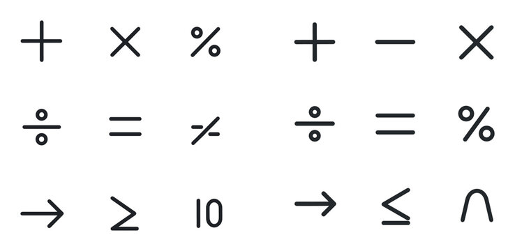 Math icons with plus percent divide outline