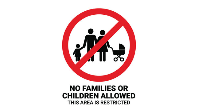 Flat vector graphic illustration of a red circular warning sign prohibiting families and young children