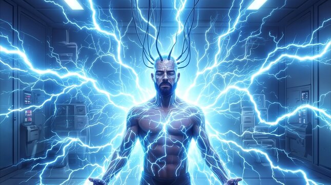 Electrical discharge surging from shirtless man connected to neural wires in high-tech laboratory. Experimental energy transfer causing blue lightning bolts in medical research facility.