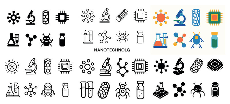 Nanotechnology icons with microscope chip molecule minimal
