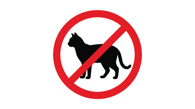 Minimalist vector illustration of a black cat silhouette inside a bold red circular prohibition sign