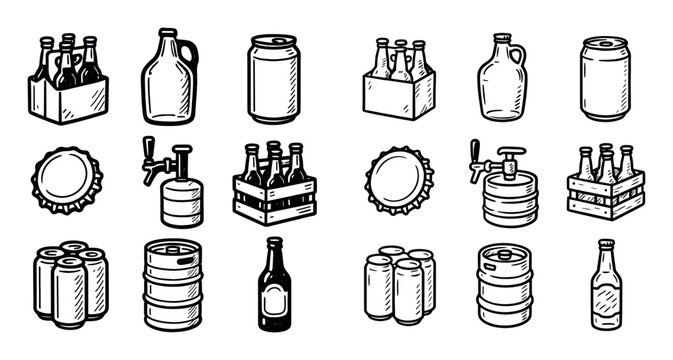 Beer beverage icons with bottle can crate sketch