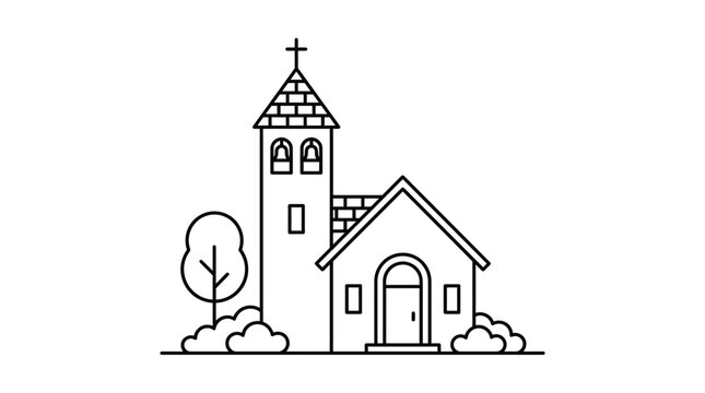 Minimalist vector illustration of a small church building featuring a tall bell tower and cross