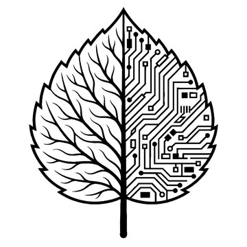 Black and white vector illustration of a leaf split between organic veins and digital circuit board patterns on a white background