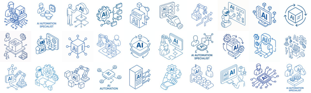 isometric line art vector icon AI Automation Specialist in blue stroke