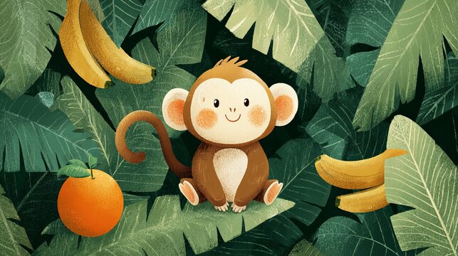 Cute little brown monkey sitting peacefully among vibrant tropical green leaves with fresh yellow bananas and a bright orange fruit