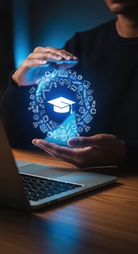 Digital education network concept with hands holding glowing graduation cap and connected learning