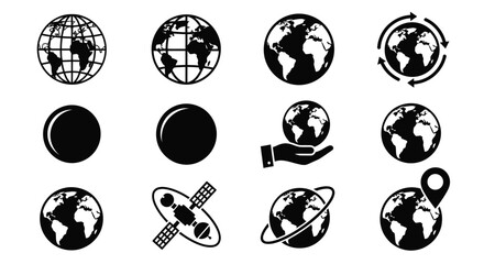 Globe Silhouettes And Satellite Icon Set Black On White Background © TaskinRahman