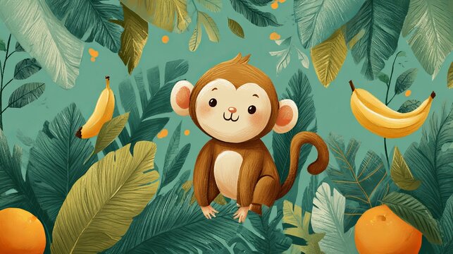 Cute little brown monkey character sitting in a lush tropical jungle setting with yellow bananas and bright orange citrus fruits