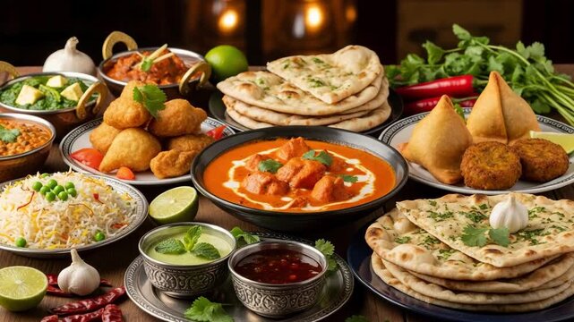 A vibrant spread of indian cuisine with various dishes and naan bread on a wooden table