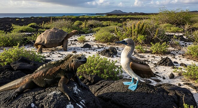 Giant tortoise marine iguana and blue footed booby wildlife scene