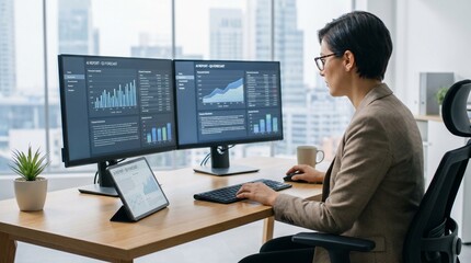 Obraz premium Business leader reviewing predictive analytics on dual monitors in a modern office