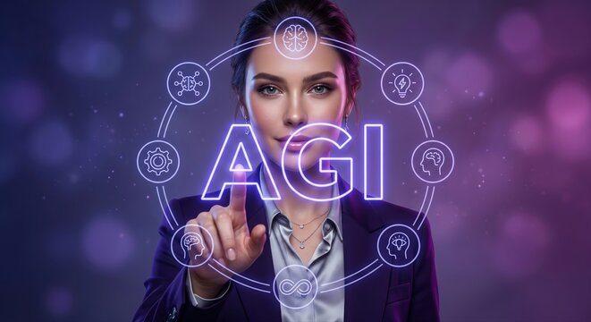 Woman interacting with a glowing neon circle of artificial general intelligence and the word AGI in the center
