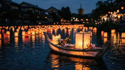 Obraz premium Wooden boat carrying glowing paper lantern and flower offering floats on dark river water, during traditional japanese obon festival, summer bon ceremony honoring deceased ancestor spirit.