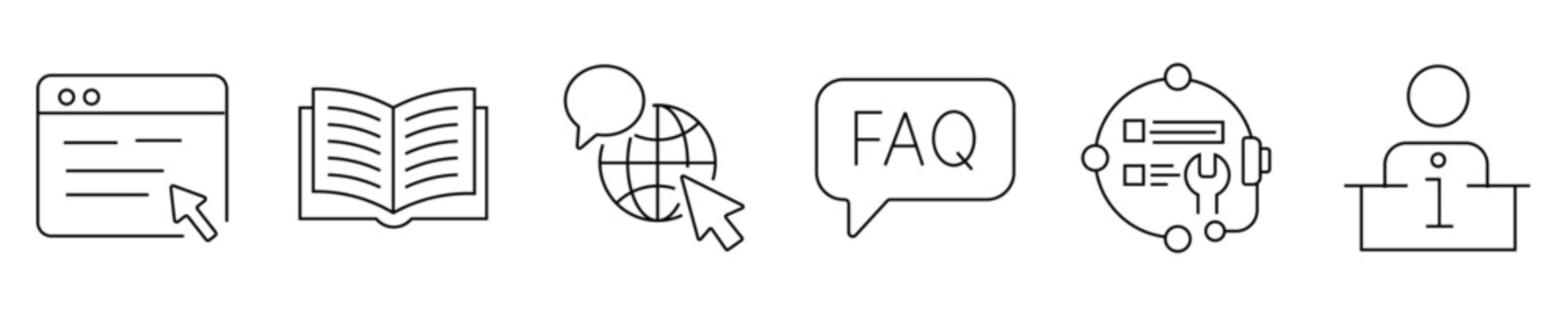 Customer support line icon set featuring FAQ speech bubble, help desk, knowledge base book, global communication, online browser, technical troubleshooting and information assistant. editable stroke 