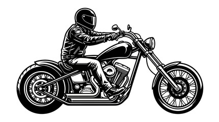 Biker riding a custom chopper motorcycle, black and white illustration © rahma
