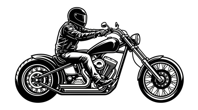 Biker riding a custom chopper motorcycle, black and white illustration