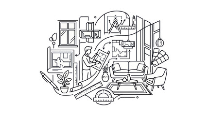 Naklejka premium Interior Design Concept: Architect Planning Home Renovation with Blueprints and Furniture