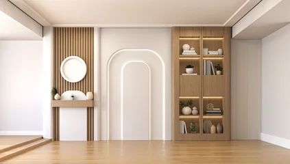 Fototapete Japandi Modern empty interior background featuring a warmly lit arch niche, wooden fluted wall panels, and built-in display shelves with decor. Perfect for architectural visualization, product mockups, and in  © rittisak