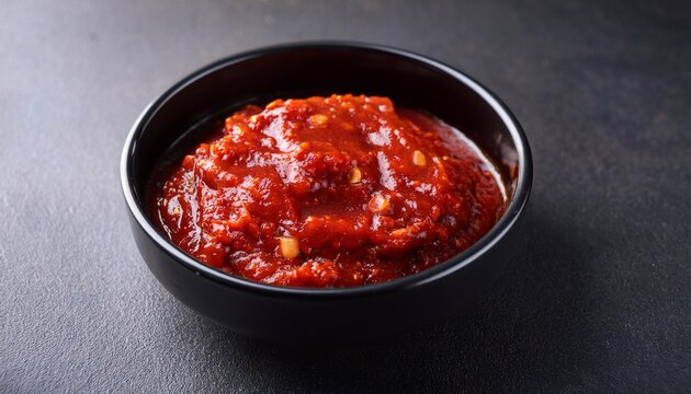 fiery gochujang sauce in a small black dish a thick deep red korean chili paste with a glossy texture and a spicy sweet aroma