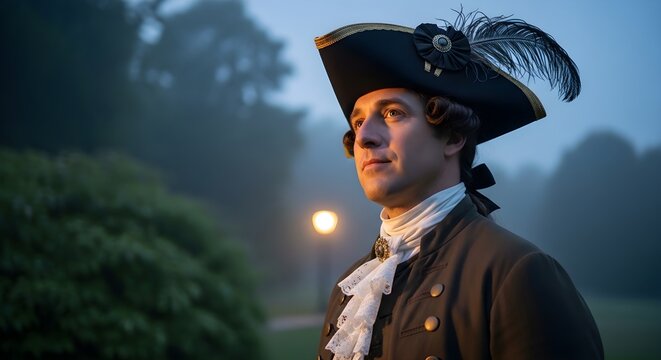 Historical Gentleman in 18th Century Attire Standing at Dusk in a Quiet Foggy Park Setting