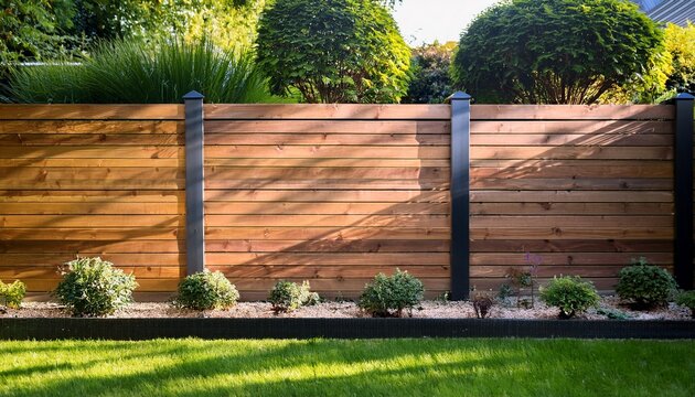 modern horizontal slat wooden fence backyard garden rich cedar panels warm tone evenly black metal posts surrounding lush green lawn raised flower beds sunlight shadows