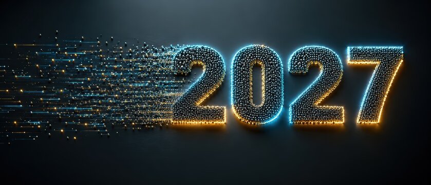 futuristic 2027 numbers formed from luminous blue and gold particles dispersing across a dark background, representing innovation, transformation, technology and the arrival of a new year