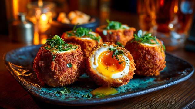 Scotch eggs on ceramic plate with warm pub lighting, golden breadcrumb texture and traditional British comfort food atmosphere.