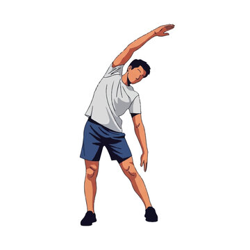 Man stretching arm up high sideways.