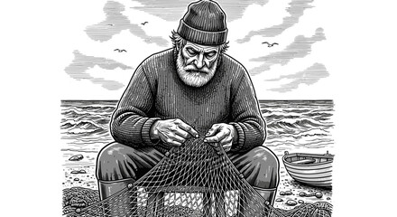 Engraving style illustration of an old fisherman mending his nets on the shore © Mak