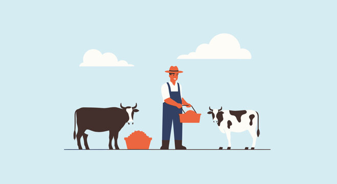 Farmer Feeding Cows on a Farm Illustration