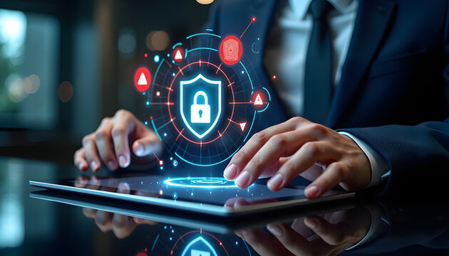 Person interacting with digital security shield interface on tablet with fingerprint icon and warning sign in modern workspace photorealistic raw image