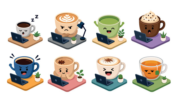 Cute coffee cups with laptops.
