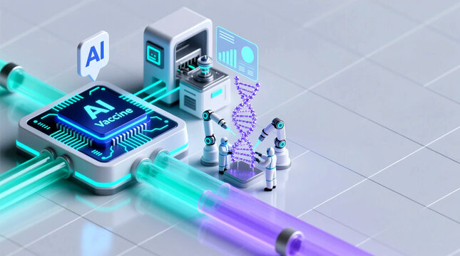 Isometric 3D illustration of scientists and robots doing AI vaccine development in high-tech lab showcasing the future of medical research from high angle