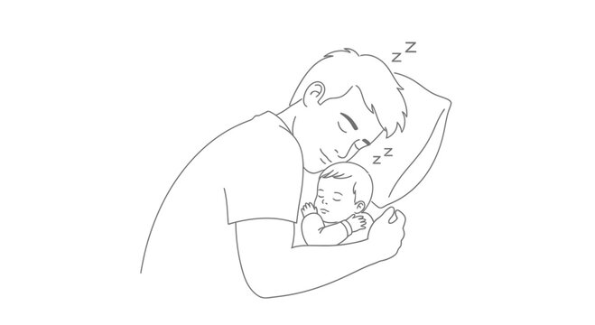 Father Sleeping with Newborn Baby in Bed