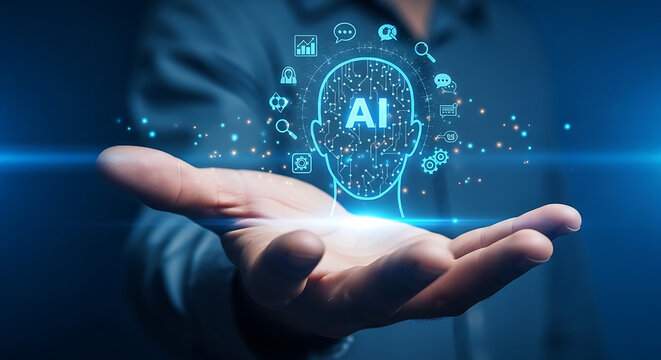 Open palm displaying an innovative artificial intelligence projection, featuring a glowing AI brain and surrounding digital icons, symbolizing future technology and connectivity