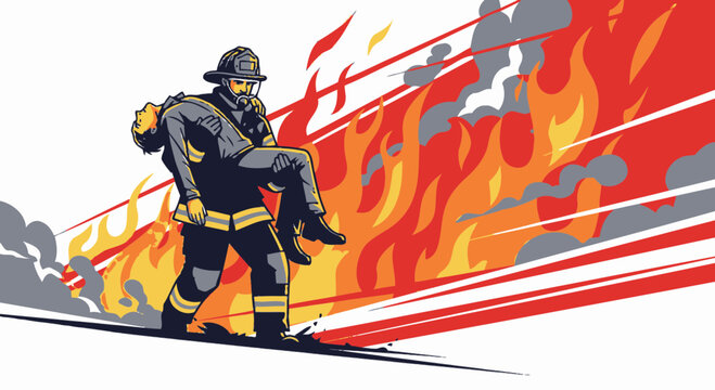 Firefighter Carrying Injured Victim from Burning Building Illustration