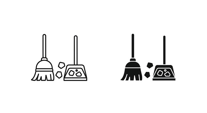 Broom and dustpan icon set, cleaning equipment, vector illustration