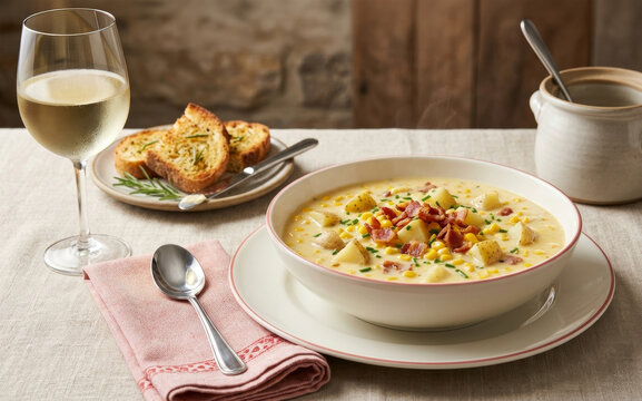 Creamy New England corn soup with potatoes and crispy bacon, served with garlic toast and a glass of white wine on an elegant linen table.