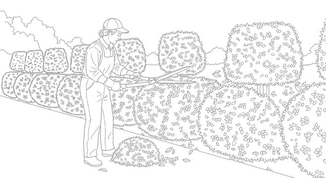 Gardener Trimming Hedges Line Art Illustration