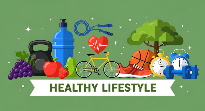Healthy lifestyle concept with sport equipment and nutrition icons banner wellness lifestyle nutrition exercise activity wellbeing training illustration kettlebell dumbbell basketball
