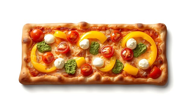 rectangular gourmet pizza with golden-brown crust, topped with cherry tomato halves, yellow bell pepper slices, small mozzarella balls, and dollops of green pesto sauce