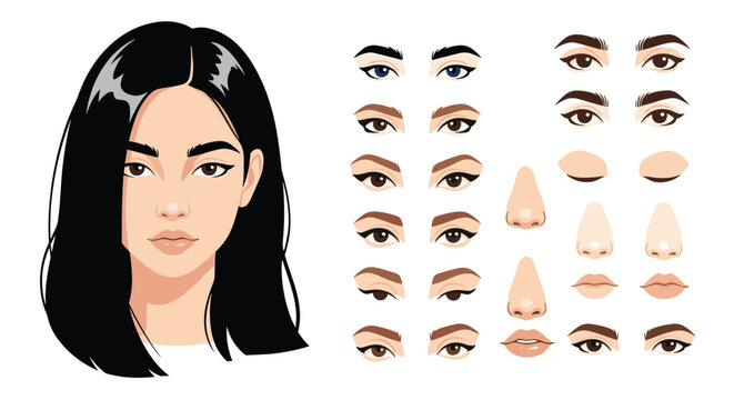 Character design kit featuring a woman's face and various options for eyes, eyebrows, noses, and lips to customize features.