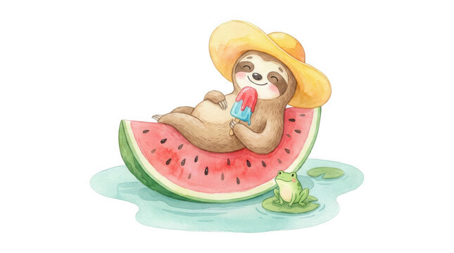 A happy watercolor sloth wears a summer hat while relaxing on a large watermelon slice in a pond.