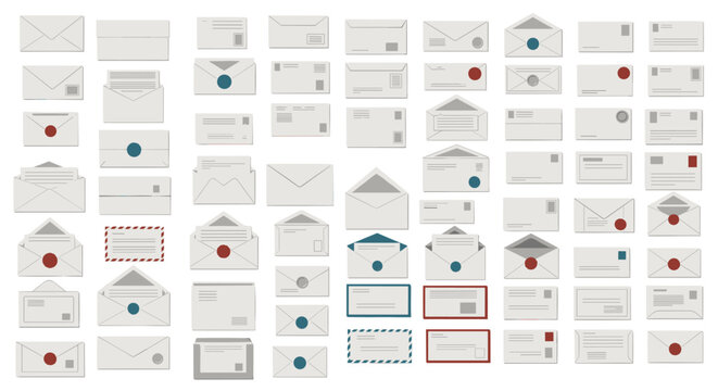 Comprehensive collection of various white paper envelopes in different sizes and orientations with seals and stamps for mailing and business.