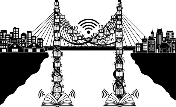 Suspension bridge formed by books and binary code connecting cities with wireless data flow Vector Silhouette Isolated on white background