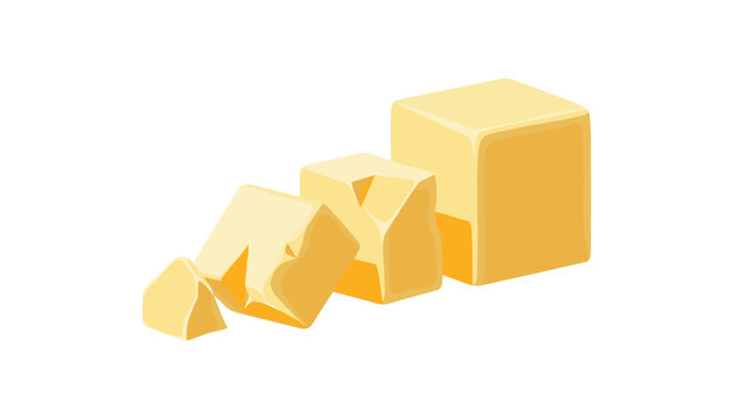 Cubes and pieces of yellow butter or cheese piled together isolated on white background for cooking baking and organic food concepts.