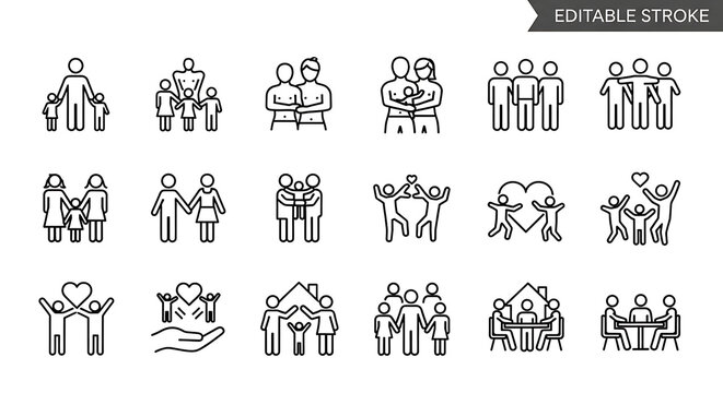 Set of line icons representing family values and relationships in various scenarios with relationship parenting children togetherness lifestyle community interaction illustration