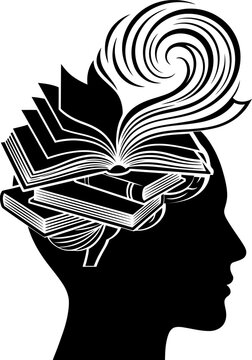 Woman's silhouette with open books forming hair during knowledge acquisition concept Isolated on white background